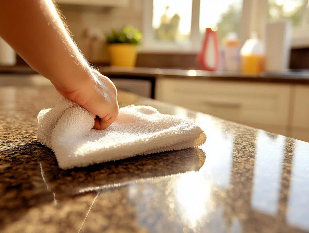 A person polishing a granite kitchen counterop with a white cloth