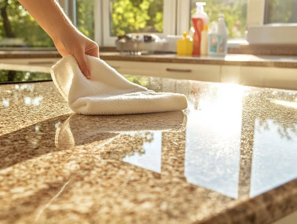 A person putting a white cloth on a granite kitchen countertop